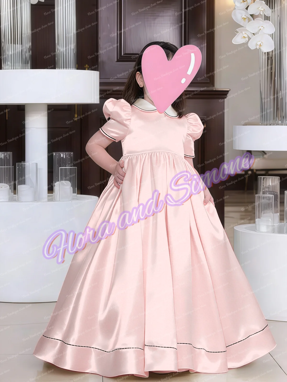 

Customized Satin Ivory White Puff Sleeves High-waisted Girl gown Flower Girl Dress for Wedding ceremony Holiday Banquet party