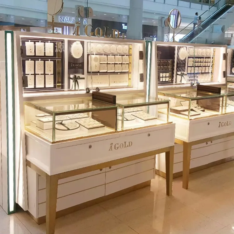 Custom.High Quality Customizable L-Shaped Plywood Counter Display Rack White LED Lighting Showcase Cabinet for Jewelry  for Show