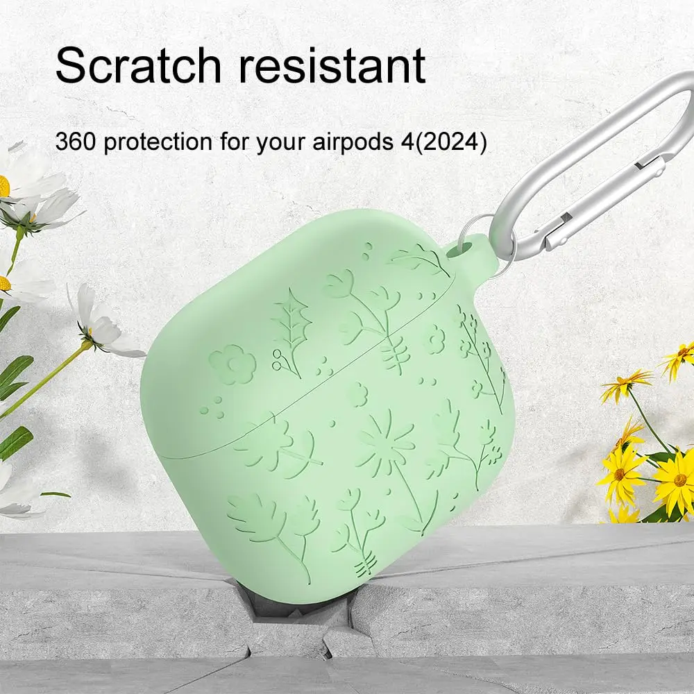 Berukir Bunga untuk Casing AirPods 4 Aksesori Kulit Silikon Pelindung dengan Gantungan Kunci & Tali Penyandang untuk Casing AirPods 4 (Biru Muda)