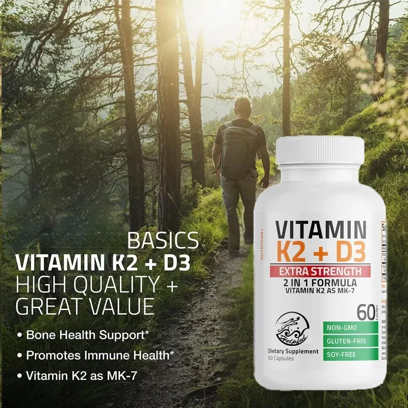 Vitamin K2 (MK7) Contains D3,a Powerful Supplement for Bone Health. Non GMO Formula 10000 IU,120 Micrograms of MK-7, 60 Capsules