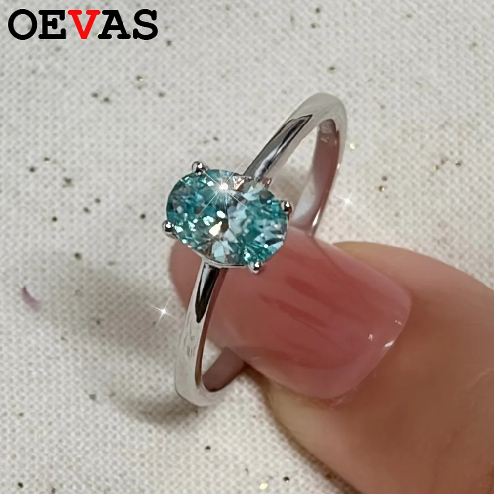 OEVAS Real 1CT / 2 Carat Oval Aquamarine Moissanite Ring For Women Rhodium Plated 925 Sterling Silver Diamond Fine Jewelry