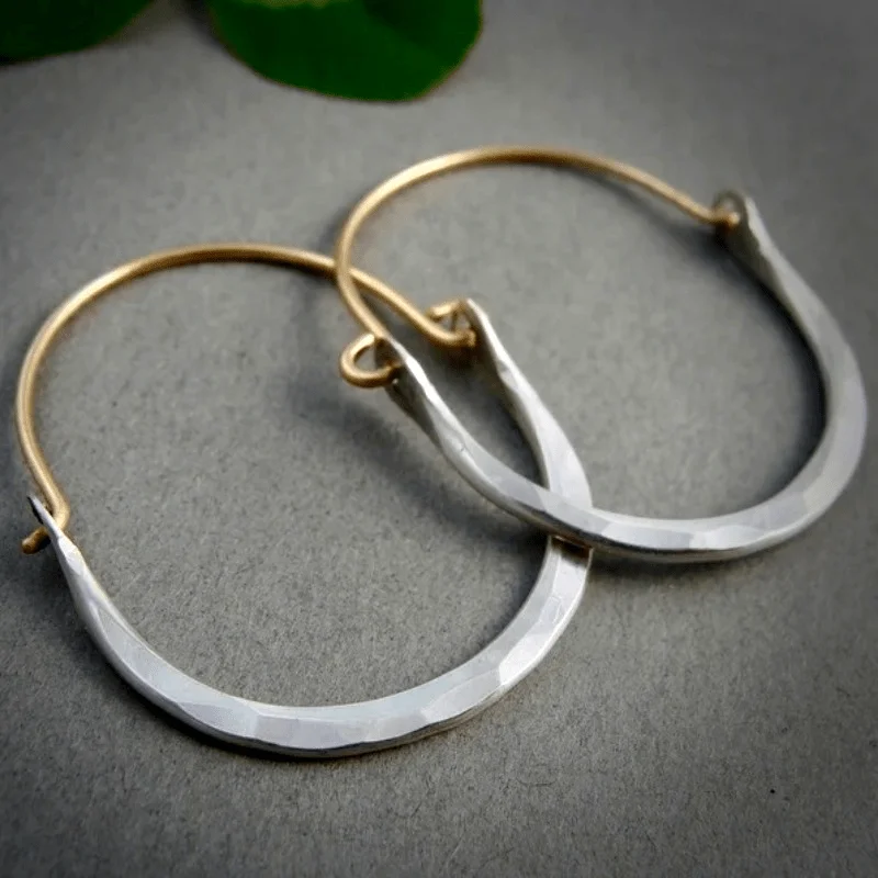 Large Minimalist Copper Hoops, Hammered Silvery Earrings, Two Tone Hoops, Siren Jewels, Gifts for Her