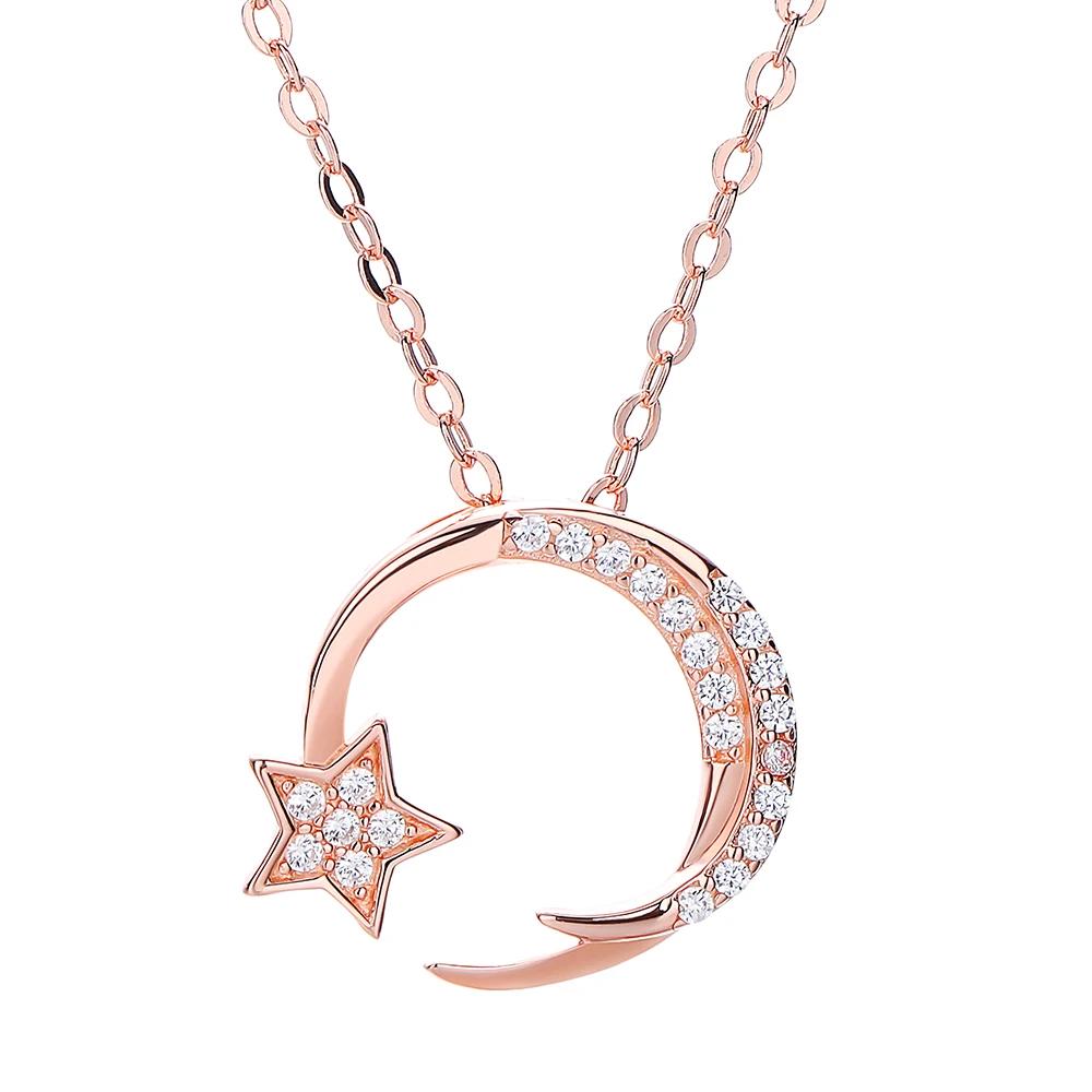 

Fashion 925 Sterling Silver Women Girl Rose Gold Crescent Jewelry Shiny Zirconia Star Moon Necklace