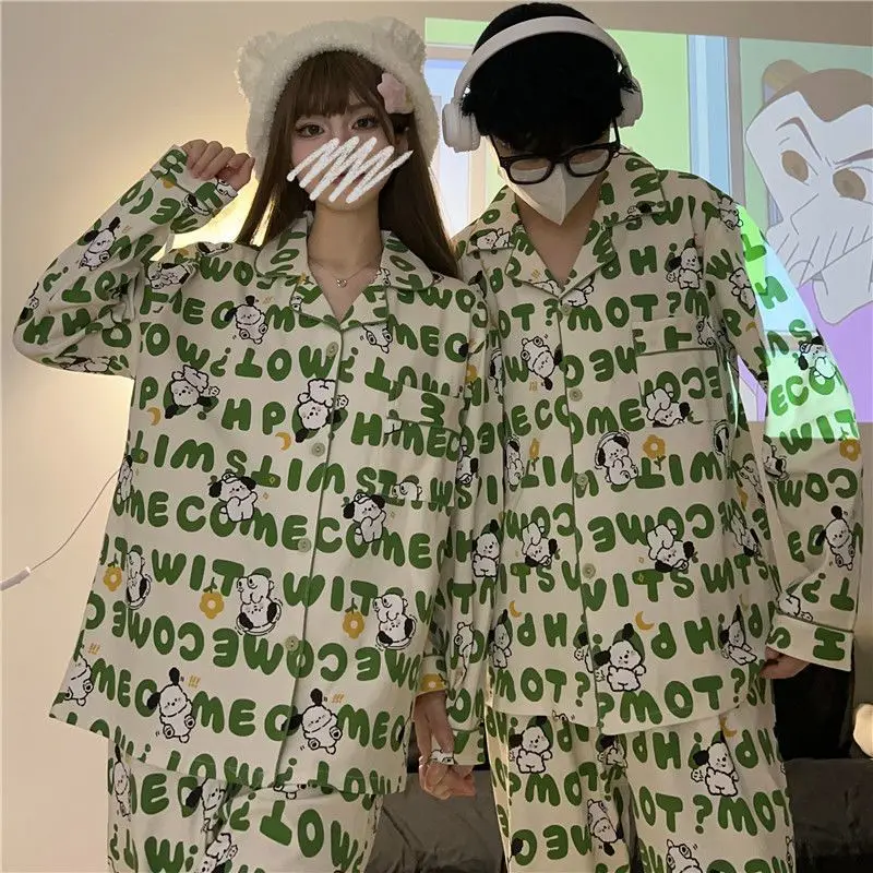 Spring Autumn ins Style Couple Pajamas Sets Women Men Cartoon Printed Lovely Home Clothing Youth Students 2 Pcs Sleepwear Pijima