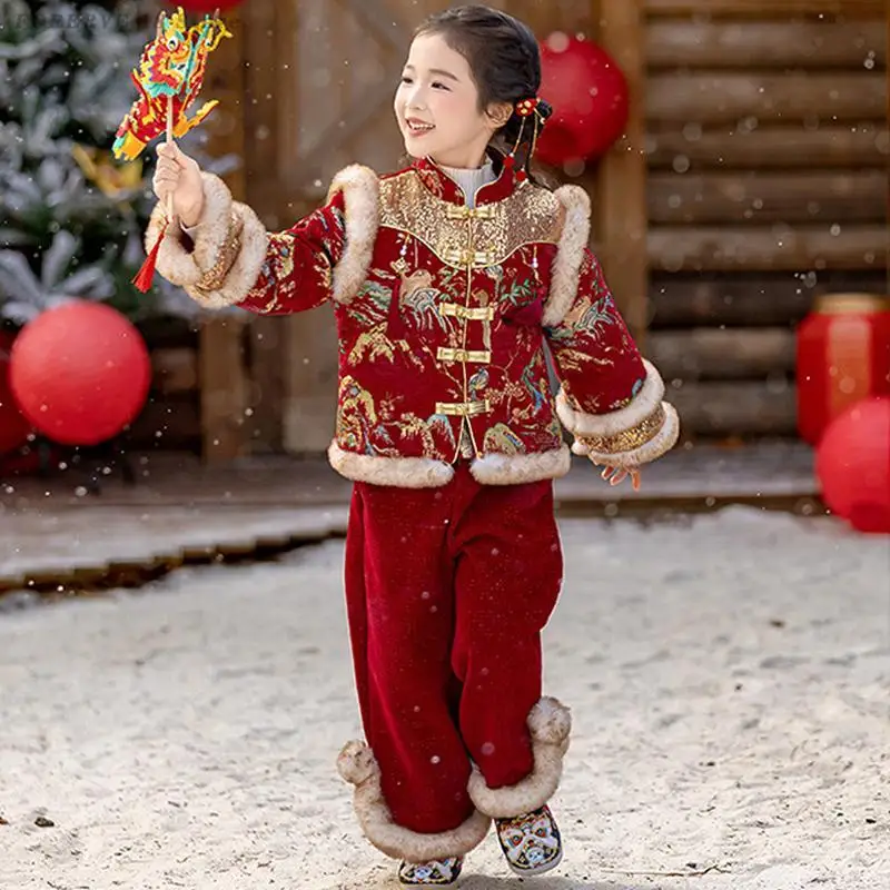 Kids Girls Tang Costume New Chinese Style Thicken Hanfu Set Babys Spring Festival New Year's Clothes Traditional Oriental Outfit