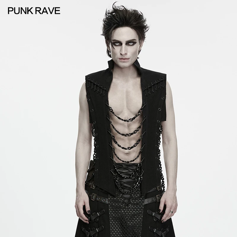 PUNK RAVE Men's Punk Abyss Chain Thick Twill Woven Stand-Collar 3d Silhouette Vest Eyelets Shoulder Pins Cool Street Club Top