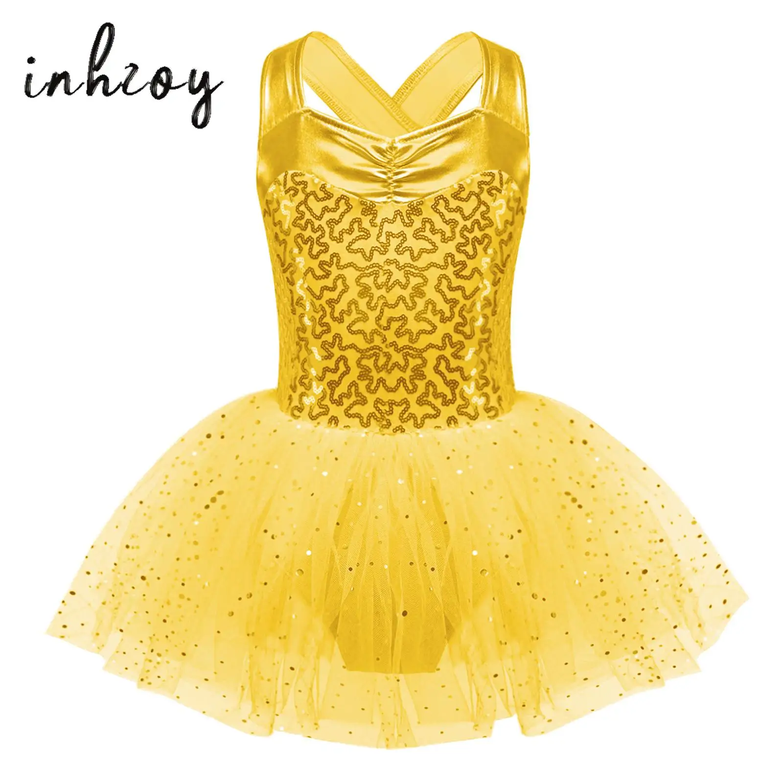 

Kids Girls Ballet Dance Leotard Dress Sleeveless Ruched V Neck Shiny Sequins Crisscross Back Mesh Overlay Tulle Tutu Dance Dress