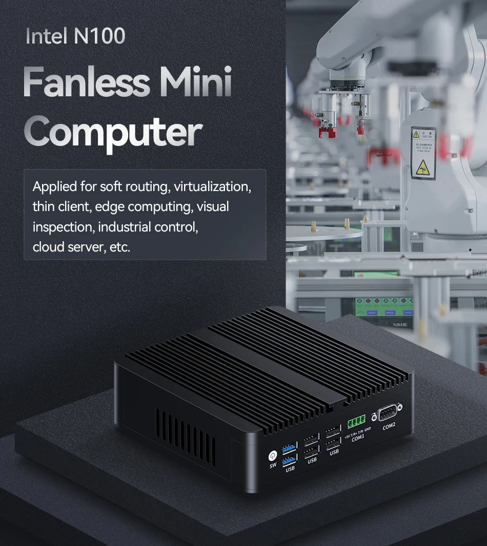 Tolibek Industrial Mini PC with N100 DDR4 Max up to16Gb 4*2.5Gb LAN Support Windows10/11 Fanless Computer