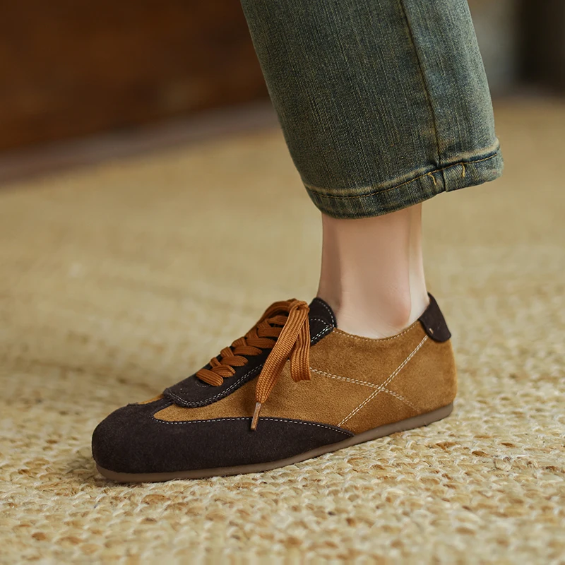 Retro Cow Suede Leather Casual Loafers for Women Flats Shoes Lace-Up Low Heels Spring Shoes 2025 Soft Office Dress Size 35-42