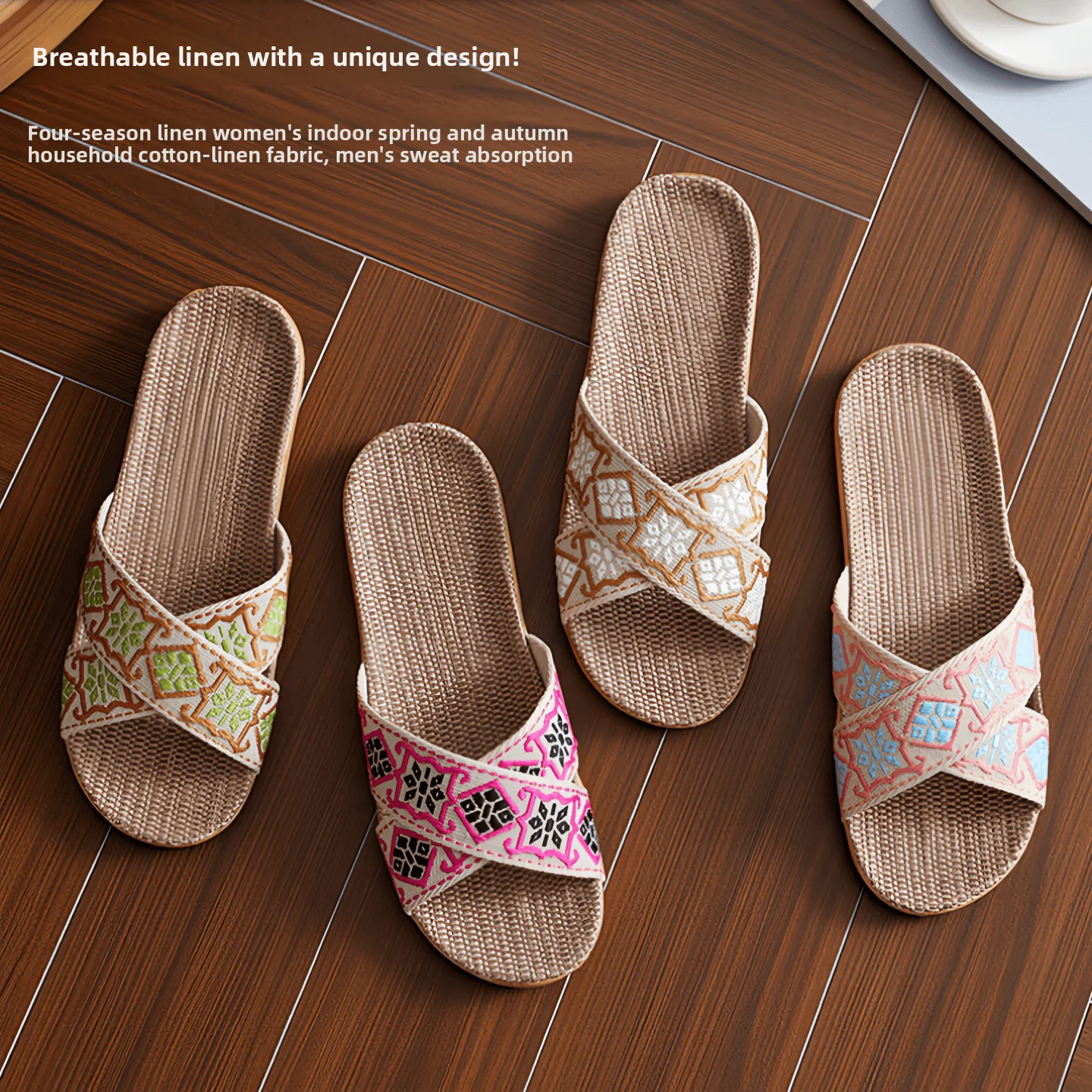 Japanese Style Linen Slippers Women's Spring Autumn Indoor Non-Slip Odor Absorbent Sweat Cotton Linen Men's Breathable Slippers