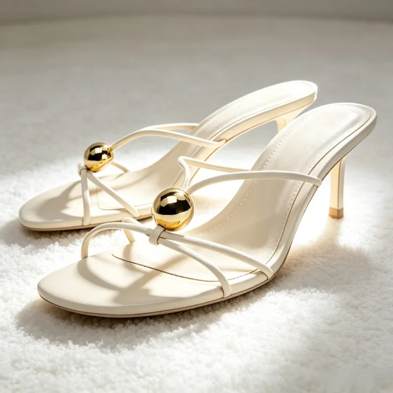 Unique Round Metal-decorate Mule Sandals Women Fashion Cross Tied Stiletto Slide Sandals Sexy Round-toe Open-toe Designer Shoes