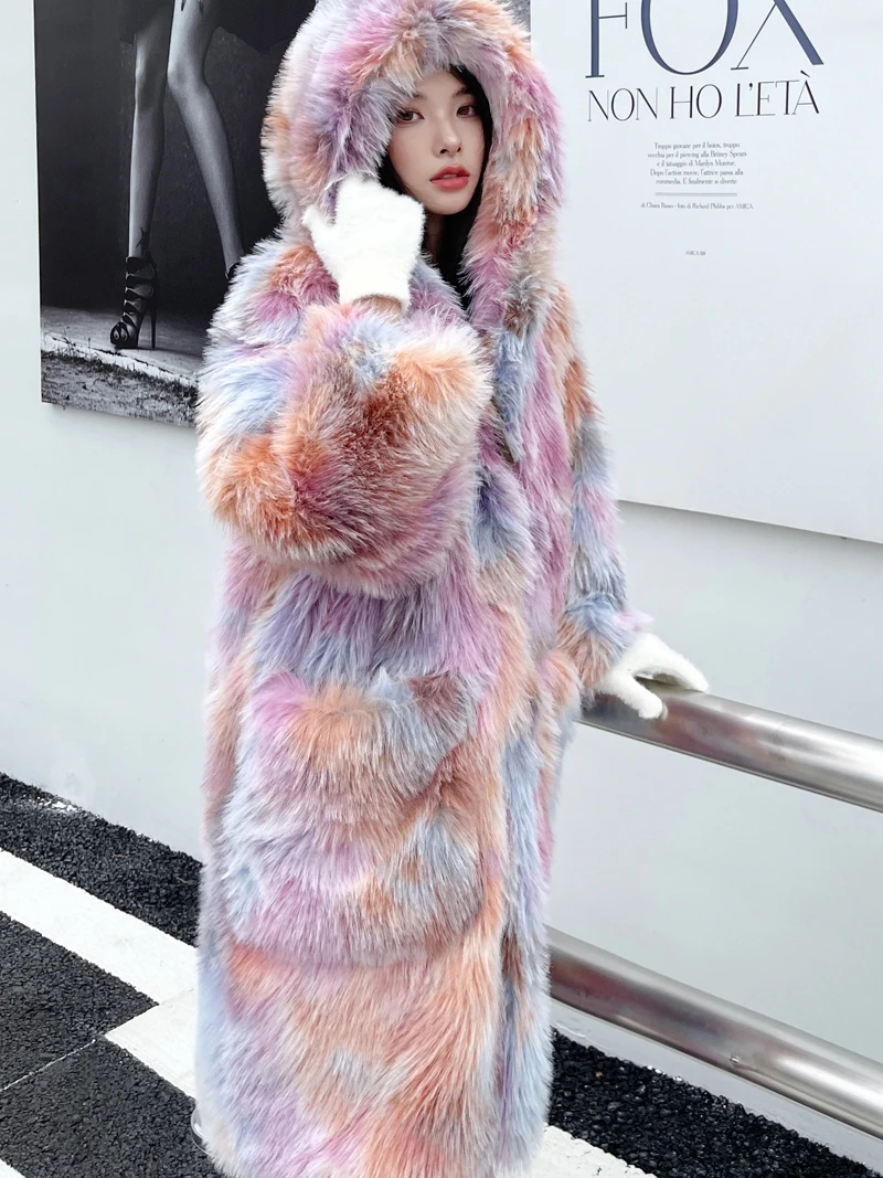 Female New Fashion Colorful Faux Fur Coat Lady Long Loose Colored Hooded Shaggy Outerwear Women\'s Winter Coats Promotion