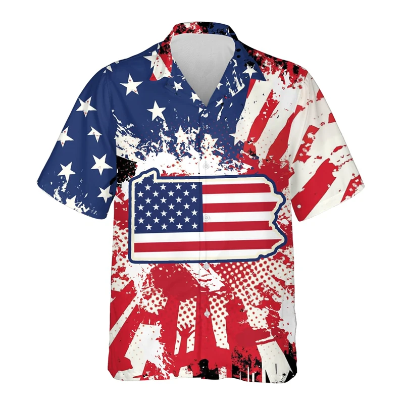 New York Illinois American States Map Flag Hawaiian Shirts For Men Women Clothes Georgia Short Sleeve Shirt Button Lapel Blouse