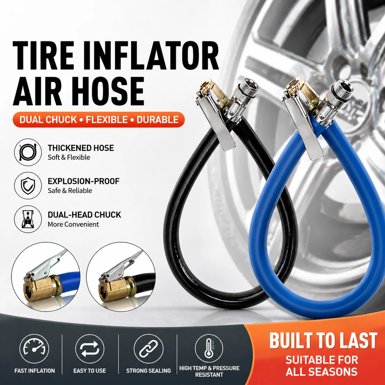 Tire Inflator Hose Tyre Hose Portable Air Compressor Pipe Rubber Air Rubber Hose for Car Motorbike Accessories