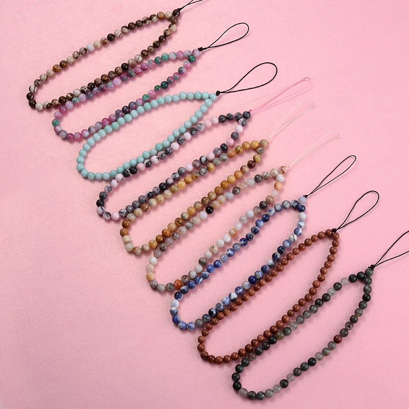 Natural Stone Beaded Cord Lanyard Telephone Straps Yolk Stone Tourmaline Beads For Women Mobile Phone Chain Jewelry Accessories