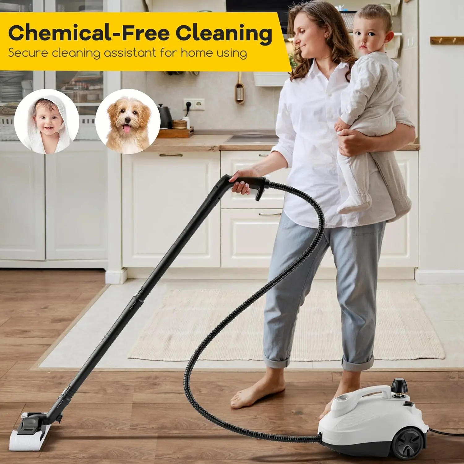 Multi-Purpose Steam Cleaner, Portable Steamer with Trigger Lock, Wheels & 61 OZ Water Tank, 1800W Steam Cleaning Machine for Uph