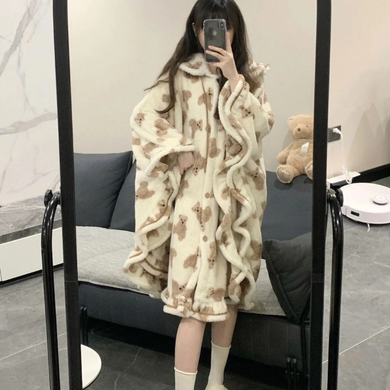 Girl Cute Bear Cape Coral Velvet Pajamas Women Winter Warm Thickened Soft Bathrobe Medium-length Robe Sleepwear Kawaii Homewear