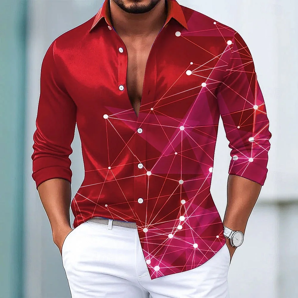 Camisa masculina de manga comprida com estampa geométrica gradiente, lapela de designer elegante com botão para férias de lazer ao ar livre