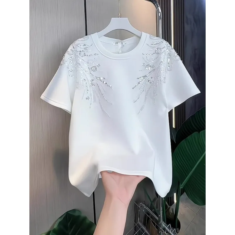 Tops T-shirt Women's Summer Round Neck Short Sleeves Stylish Sequins Rhinestones Casual Niche Versatile Distinctive Fashionable