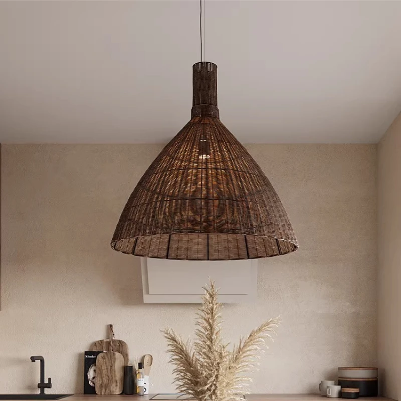 

Vintage Rattan Weaving Handmade Pendant Light Restaurant Kitchen Bar Shop Study Homestay Wabi Sabi Style Decoration Hanging Lamp