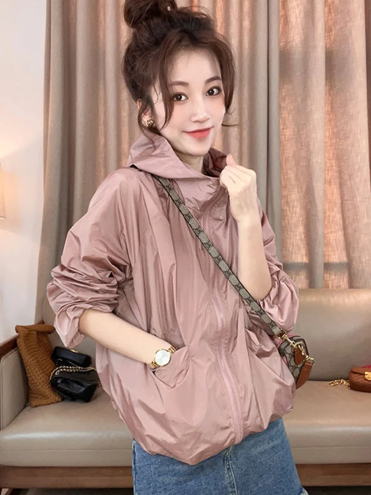 

Women's Fashionable Thin Summer Cardigan Sun Protection Clothes Hooded Casual Outerwear Zipper Closure Long Sleeve Loose Fit
