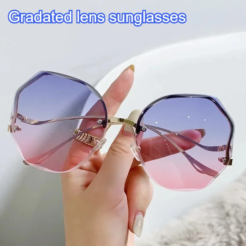 

Irregular Round Sunglasses Women Brand Designer Gradient Fashion Sun Glasses Female Rimless Metal Curved Temples