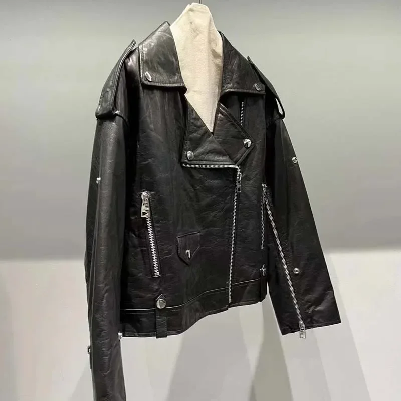 Naturalny płaszcz z prawdziwej owczej skóry dla kobiet Wiosna 2025 Krótka kurtka z prawdziwej skóry w stylu lokomotywy z wywijanym kołnierzem