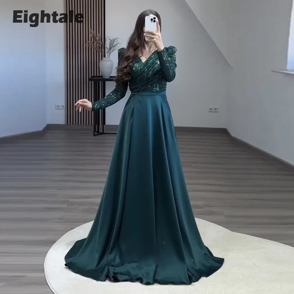 

Eightale Dark Green Evening Dress V-Neck Shiny Long Sleeves A-Line Prom Party Gown Satin Wedding Gust Dress Vestidos De Noche