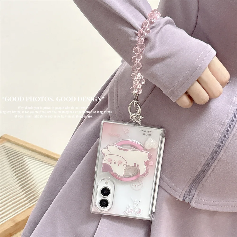 Cute Gradient Pink Lying Cat Foldable Phone Case For Samsung Galaxy Z Fold 8 Ultra 7 6 5 Cartoon Cover With Pink Crystal Bead