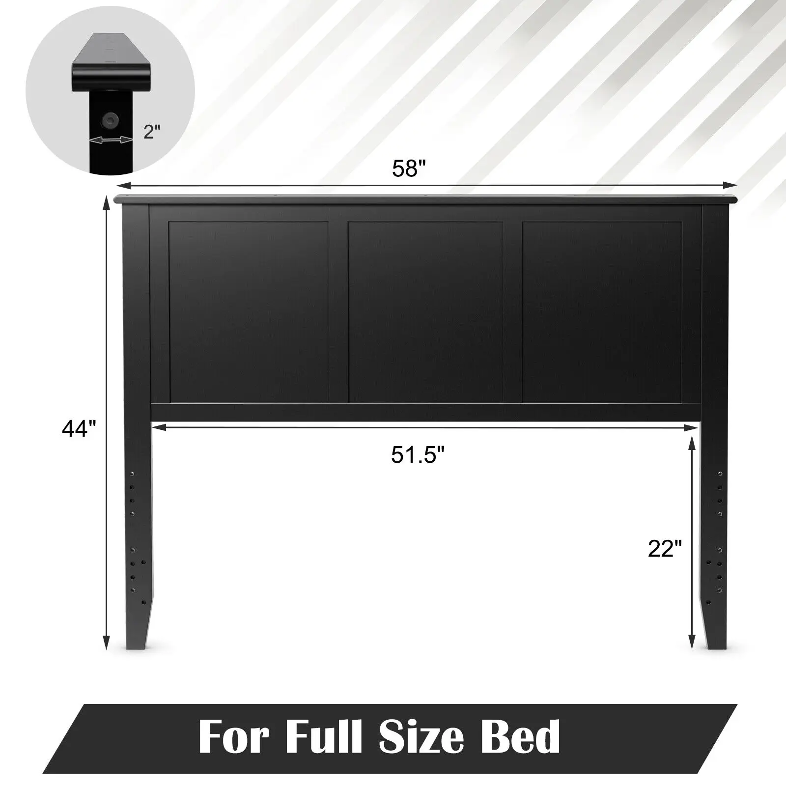 Full Wood Headboard Flat Panel Pre-drilled Holes Height Adjustment Black