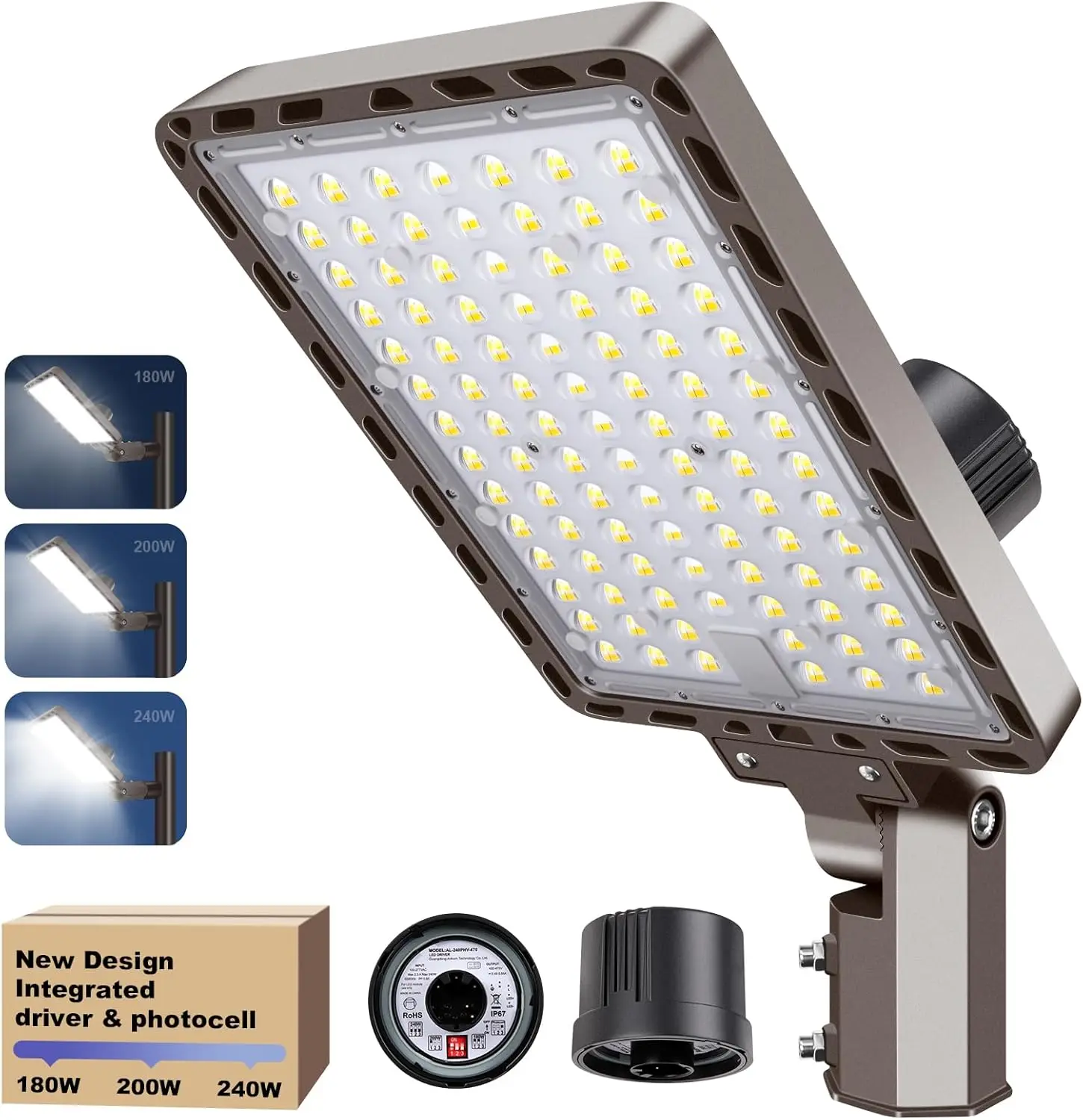 

240W/200W/180W LED Parking Lot Light, 36000LM, Dusk to Dawn Photocell, IP65, 100-277V, Commercial Street Light for Stadium Barn Yard