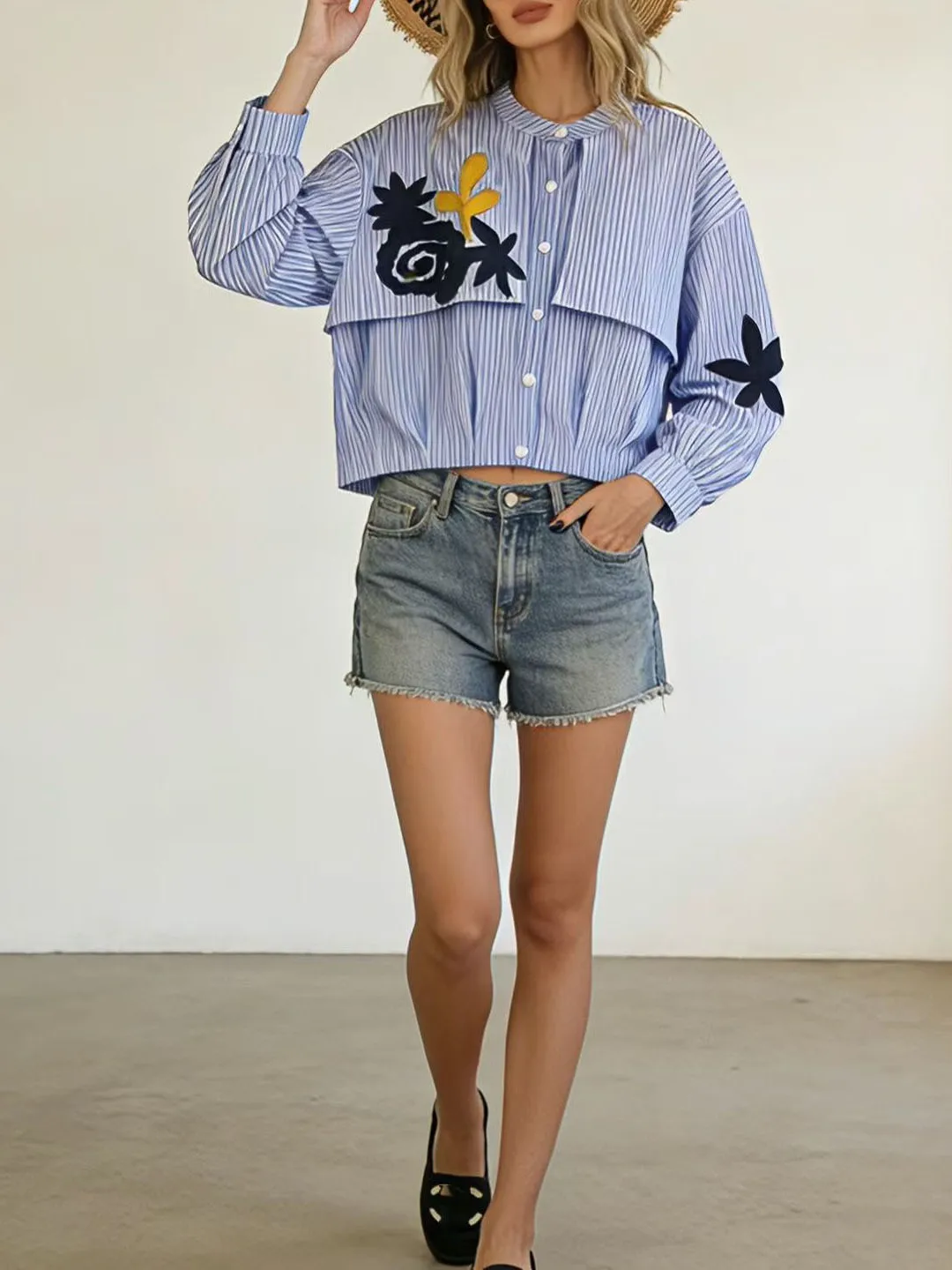 

Unique Beautiful Blue Striped Embroidered Long Sleeve Women's Shirt Spring Summer New Style Korean Loose Fit Button up Short ...