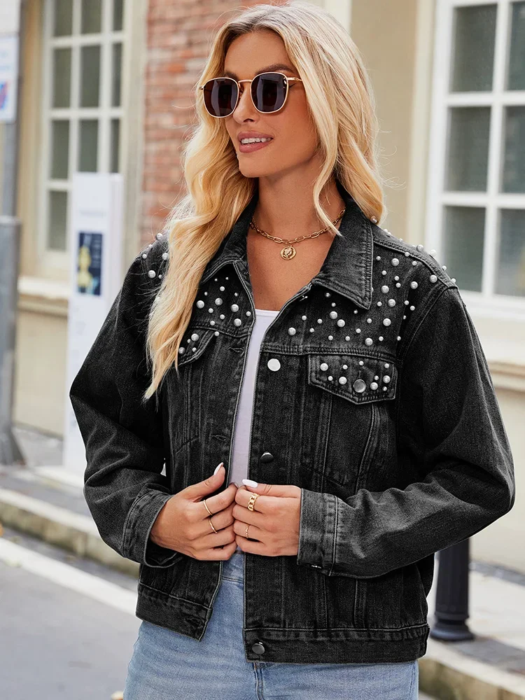 Benuynffy Pearl Beaded Denim Jacket Women 2023 Autumn New Streetwear Fashion Washed Single Breasted Female Short Jean Coat