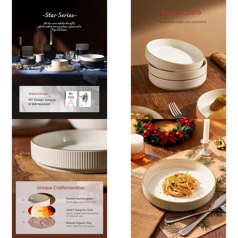 

Set of 6 7.5 Pasta & Salad Bowls, Double Reactive Glaze, Stackable, Ideal for Housewarming, Thanksgiving, Christmas Gifts, White