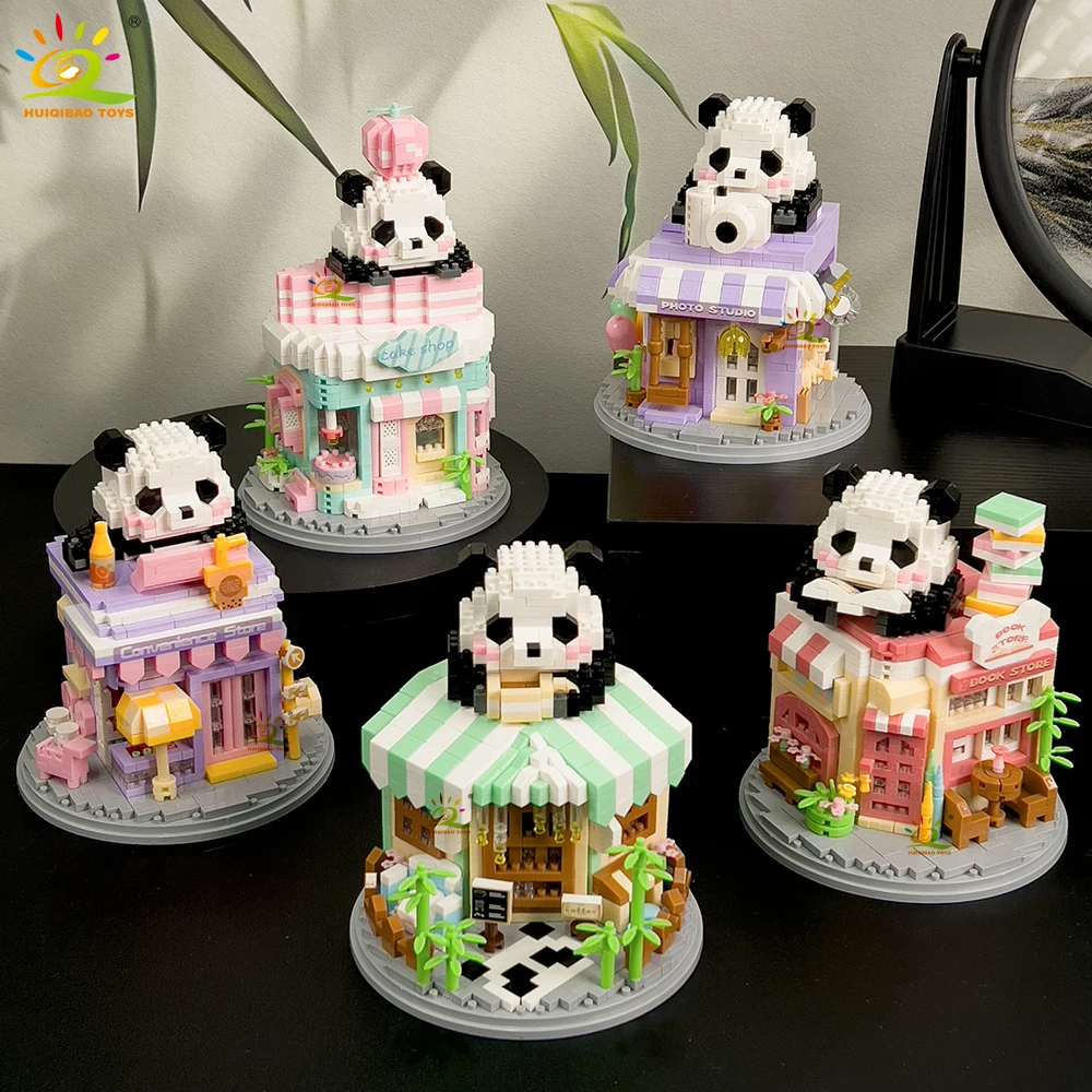 Huiqibao Moc Panda Stadt Street View Mini Bausteine DIY City Street Coffee Shop Modell Spielzeug Home Ornamente Dekoration