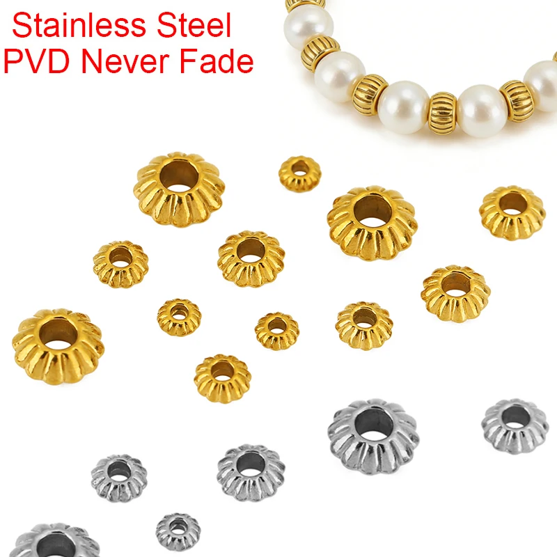 10 Stück PVD-beschichtete, nicht verblassende Edelstahl-Abstandshalterperlen mit großem Loch (4, 5, 6, 8 mm) für Halsketten, Armbänder und Schmuckherstellung.