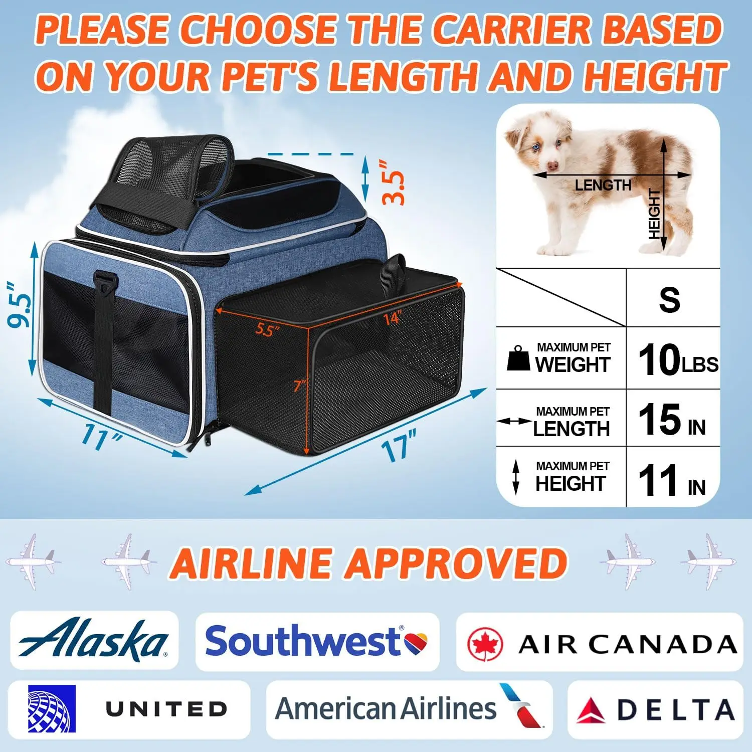 Expandable Pet Carrier 17x11x9.5 Inches Alaska Airline Approved, Soft-Sided Carrier for Small Cats and Dogs with Lo