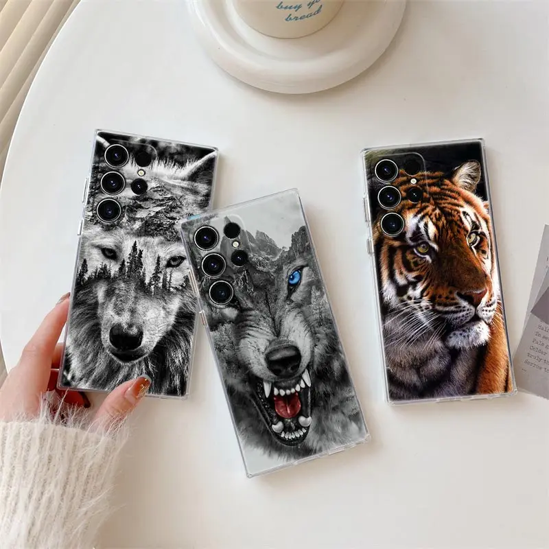 

Wolf Lion Tiger Animal S25Ultra Clear Case For Samsung Galaxy S25 S24 S23 Ultra S20 S21 FE S22 Plus A56 A55 A36 A26 Phone Cover