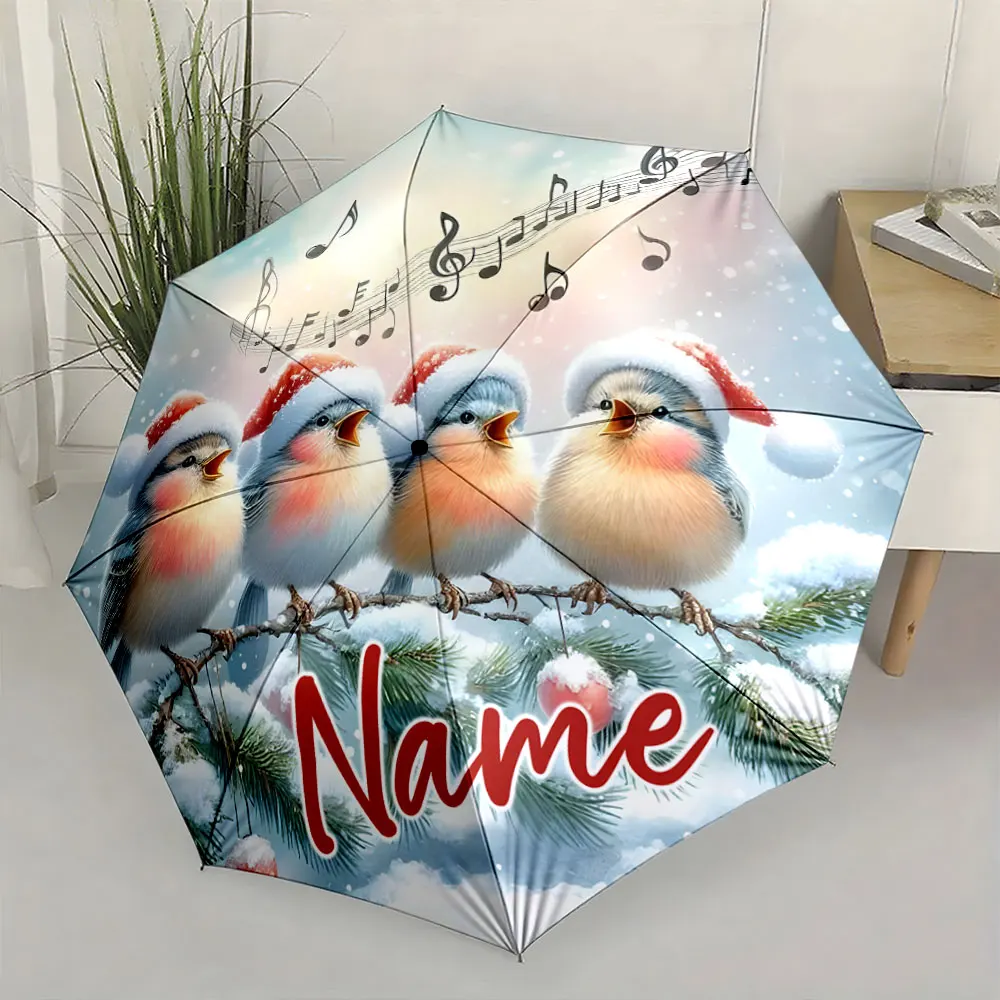Custom Name Winter Birds Singing on Umbrella With Festive Vibes Print 8 Iron Ribs Folding Umbrella, Auto-Open Fashion Sunshade