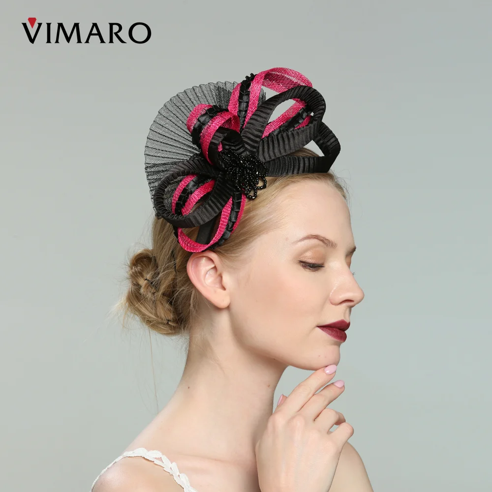 VIMARO – chapeaux noirs et Fuchsia Sinamay pour femmes, bandeaux élégants, chapeaux pour mariage et église, chapeau Derby