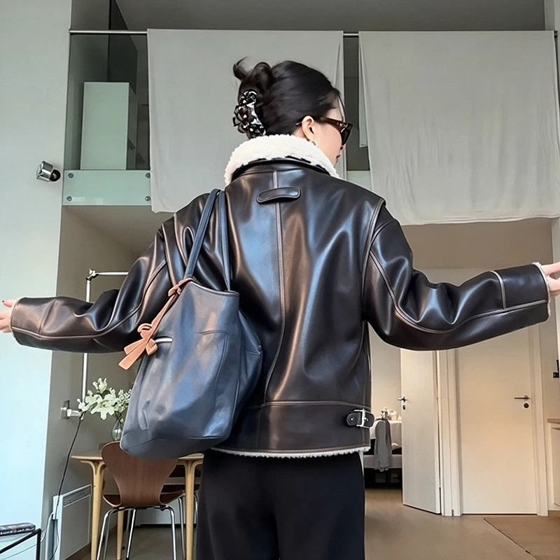 Retro Women Faux Leather Jacket Fleece Lapel Long Sleeve Zipper Cropped Biker Coat Fall Winter Trendy Motorcycle Warm Streetwear