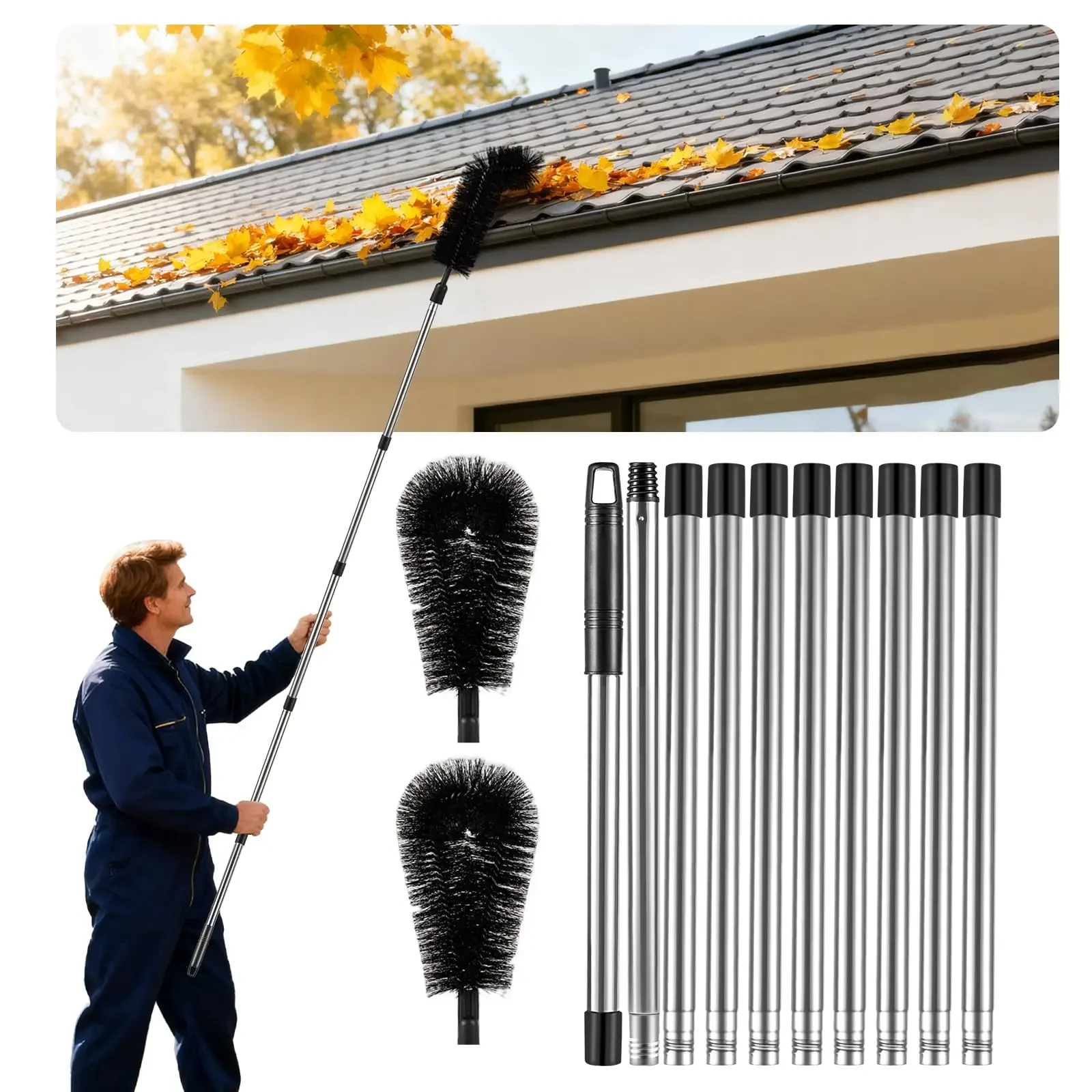 Gutter Cleaning Tools from the Ground - 12.7FT Long Adjustable gutter Cleaner & Brush, no Ladder Needed | Tool Out