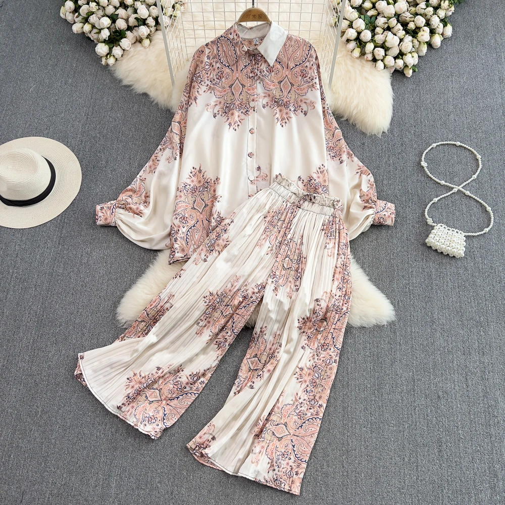 Women Casual Loose 2 Piece Set Floral Pleated Pants Suit Summer Lantern Sleeve Shirt Wide Leg Pants Leopard Female Outfit Spring