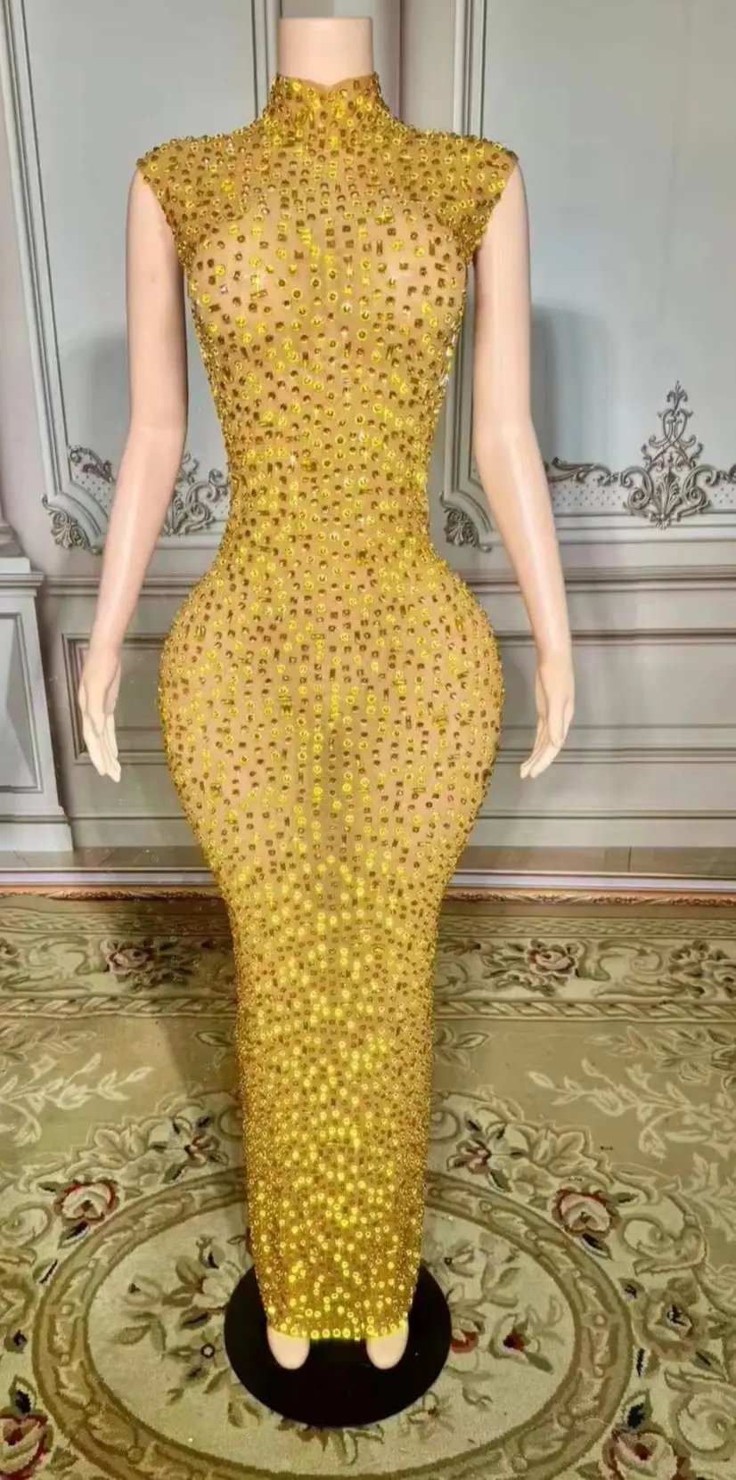 

ZD Hot sells Dropship Luxury Maxi Gold Dance Party Gown Glittering Stones Evening Dresses for Night Prom Party