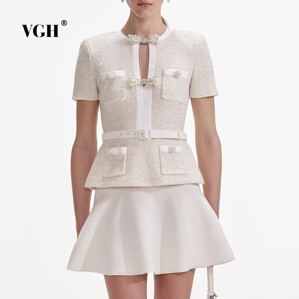 

VGH French Elegant Spliced Bowknot Slimming Solid Jackets For Women Round Neck Short Sleeve Elegant Coat Female Fashion Style