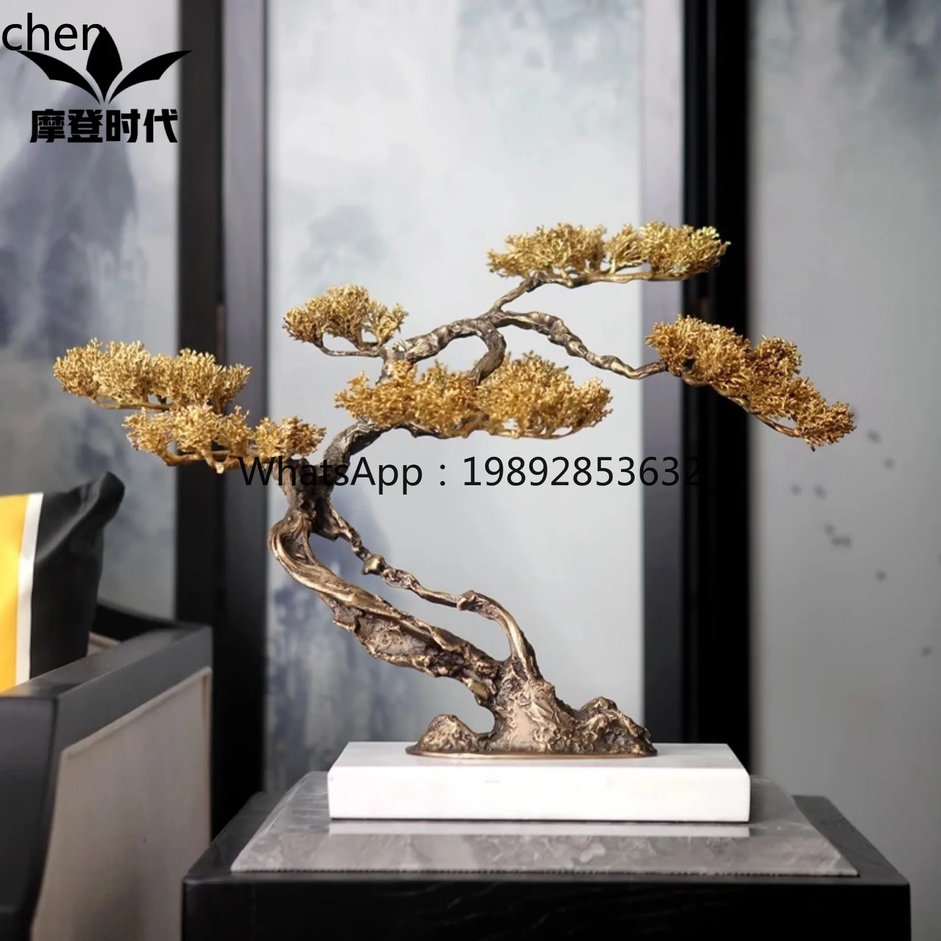 YFY  Simulation Welcome Pine Bonsai Marble Copper Tree Ornament Entrance Hotel Soft Decoration