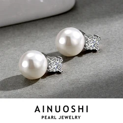 AINUOSHI-pendientes de plata de ley 925 para mujer, aretes sencillos y exquisitos de perlas blancas de agua dulce Natural, joya de 9mm