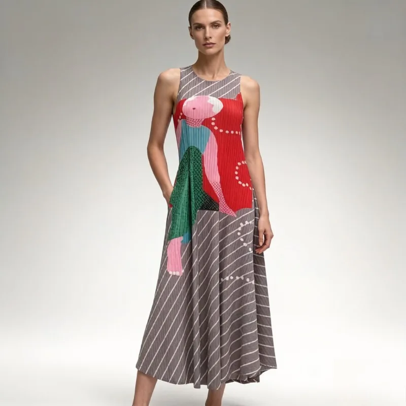 

Плиссированное платье-жилет Miyake 2026: летнее, свободное, в отпускном стиле, повседневное, А-силуэт, с принтом, больших размеров, омолаживающее, с эффектом плиссе