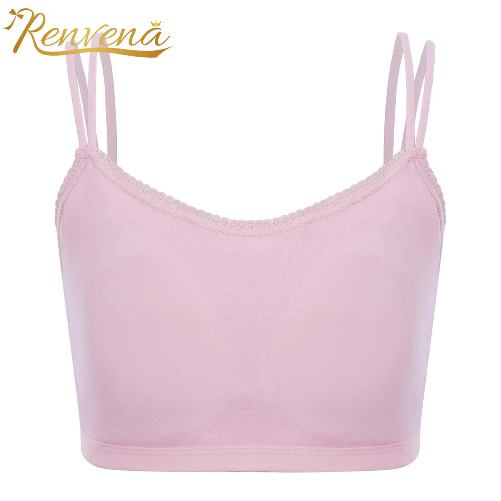 

Детский топ-майка с двойными бретелями-спагетти, беспроводной, с мягкими вставками, для девочек-подростков, с кружевной отделкой, нижнее белье, детские топы