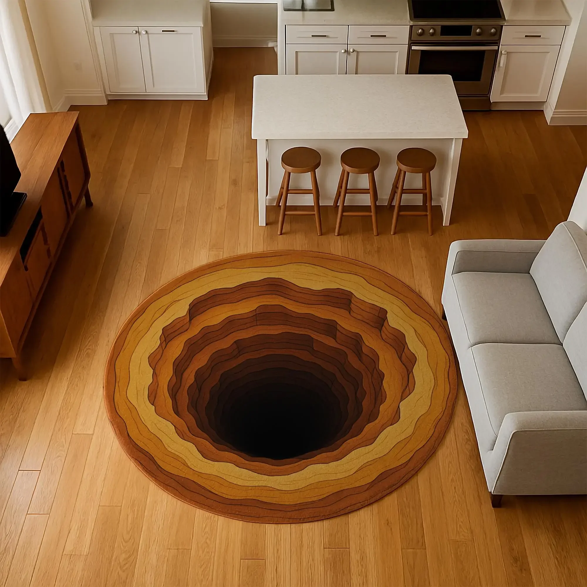 ~O~3D Desert Ochre Vortex Round Rug – Non-Slip Floor Mat for Living Room, Bedroom & Home Decor